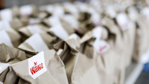 Donated meals from wawa on a table for distribution 