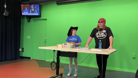 Izzy in star studio with "the dude"