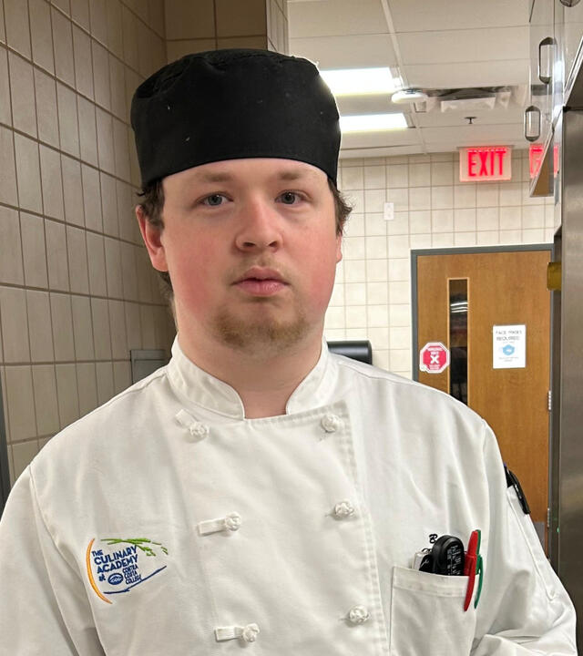 wish alum Ben in his culinary school attire at Contra Costa College with a photo of Ben from 2017 in the right hand corner