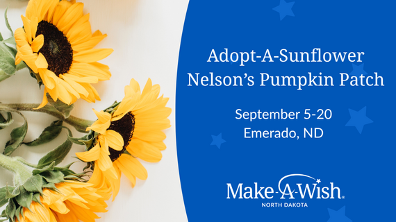 Sunflower Shindig promotional graphic for Make-A-Wish North Dakota. Adopt A Sunflower at Nelson's Pumpkin Patch. Photo of sunflowers.