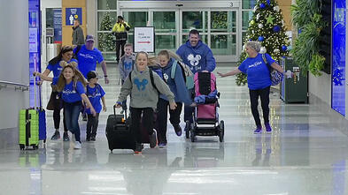 Two wish kid girls running to their airplane in the terminal