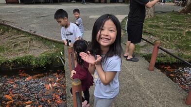 Avery feeding koi fish at a koi fish pond
