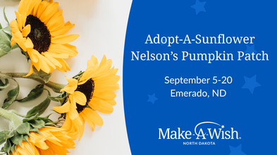 Sunflower Shindig promotional graphic for Make-A-Wish North Dakota. Adopt A Sunflower at Nelson's Pumpkin Patch. Photo of sunflowers.